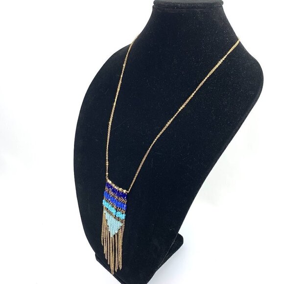 Southwest Inspired Beaded Tassel Bib Necklace Multi Tone Blue/Gold 17" Drop - Picture 5 of 5
